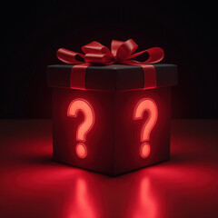 Poster - mysterious gift box with glowing red question marks and decorative ribbon, evoking curiosity and excitement