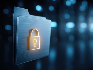 Poster - Digital security concept with glowing lock symbol on metallic folder, representing data protection and cybersecurity in a modern technology environment
