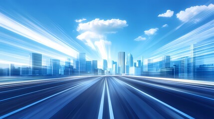 Aufkleber - 青空の下 未来的な都市の高速道路の風景 輝く光線と青い色調の都市景観
