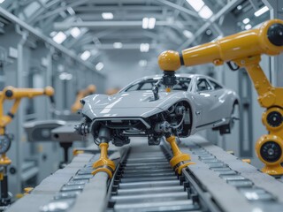 Aufkleber - 工場内の自動車製造プロセスをロボットアームが組み立て 白い車体と黄色の機械的なアーム 現代的な製造技術