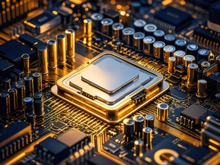 Poster - 金色に輝く電子回路基板のクローズアップ 高度な技術と未来的なデザインの抽象的な背景