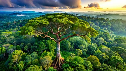 Poster - Majestic Tree Stands Tall Amidst a Lush Green Forest Canopy at Sunset