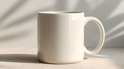 Poster - Minimalist Mockup Presentation of a White Ceramic Mug on a Bright Surface with Tropical Leaves Shadows for Coffee or Tea Drinkers Display