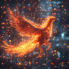 Poster - Fiery digital phoenix rising from a technological grid