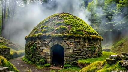 Poster - Mystical Stone Hut in a Lush Green Forest with Wisps of Smoke