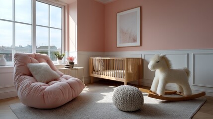 Poster - This cheerful children's room features a cozy pink chair, a wooden crib, and a soft rocking horse, all set against pale pastel walls and natural light streaming through the window