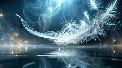 Poster - Glowing White Feather Floats Above Dark Water with Sparkling Lights and Wispy Smoke