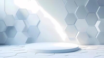 Poster - 白い背景の六角形の壁に囲まれた白い円形のプラットフォームの3Dレンダリング