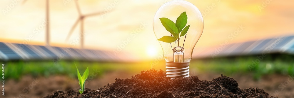 Green energy concept: light bulb with plant at solar farm and wind ...