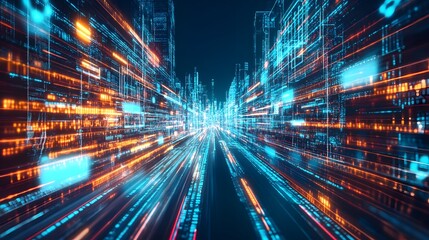 Poster - Dynamic digital city street scene with glowing lines.