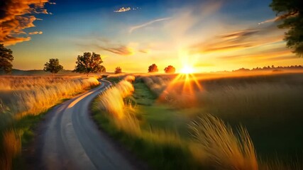 Poster - Golden Hour Country Road Drive Through Scenic Fields of Grass at Sunset