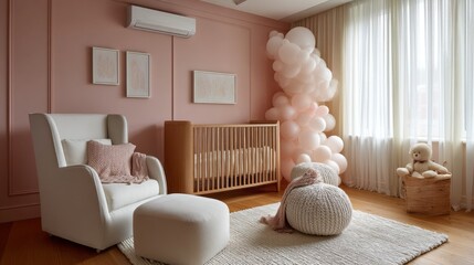 Poster - A cozy children's room showcases a stylish design with soft pastel colors. A crib sits next to a plush armchair, while playful decor and soft textures enhance the inviting atmosphere