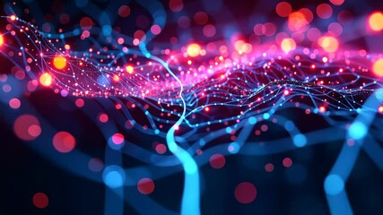 Leinwandbilder - Wavy Blue and Red Glowing Network With Sparkling Particles in Dark Space