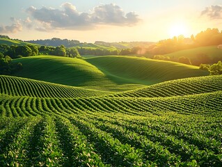 Poster - Peaceful countryside with rolling hills and neatly arranged crops
