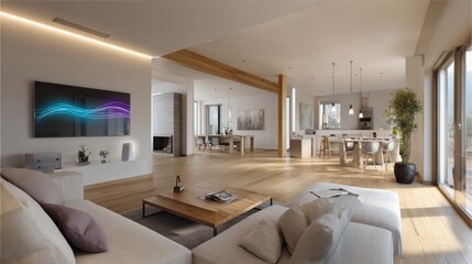 Poster - A modern living area showcases smart home lighting features, creating a cozy atmosphere. Natural light floods the space, enhancing the open design with stylish furnishings and decor