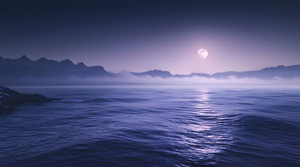 Wall Mural - Moonlit Serenity: A tranquil seascape under a moonlit sky, featuring a full moon reflecting on calm water. the subtle interplay of light and shadow across the serene environment.