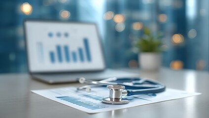 Poster - A stethoscope rests on a medical chart with a laptop displaying graphs in the background, symbolizing healthcare data analysis.