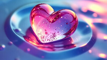 Poster - Pink glass heart with bubbles rests on a rippling, colorful liquid surface