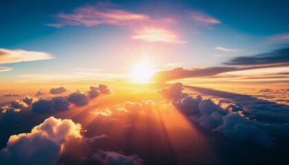 Poster - As dawn breaks, brilliant rays of sunlight cascade through fluffy clouds, illuminating the sky with rich oranges and soft golds, creating a breathtaking moment of tranquility Generative AI