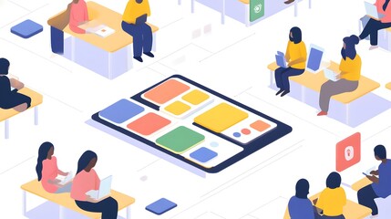 Poster - Diverse people working in a modern workplace surrounding a digital device.