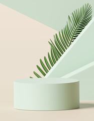 Fototapete - Pastel green cylinder product display stand with tropical fern leaves on pastel background. 3D rendering