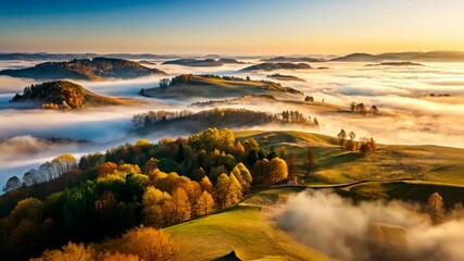 Poster - Golden hour sunrise over rolling hills with autumn trees and fog