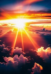 Poster - Golden rays of sunlight cascade through billowing clouds, illuminating the landscape below Generative AI