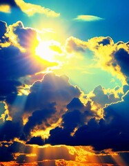 Poster - As the sun dips below the horizon, brilliant rays of light cut through fluffy clouds, creating a spectacular display of colors in the sky Generative AI