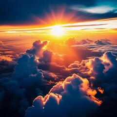 Poster - The vibrant sun rises above the clouds, casting warm rays that illuminate the sky with hues of orange and gold. A beautiful start to a peaceful day as nature awakens Generative AI