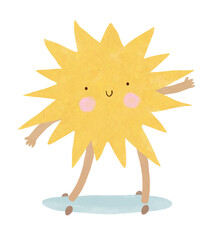 Wall Mural - ute smiling sun riding a skateboard. childish drawing-like vector illustration of happy sun skateboa