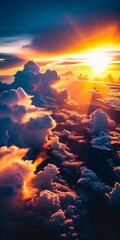 Poster - Radiant light spills from the sun as it sinks behind distant clouds, creating a stunning tapestry of colors in the sky. This moment captures nature's artistry at twilight Generative AI