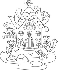 Wall Mural - Vector black and white swamp fairy house line icon. Woodland princess home clipart. Fantasy forest cottage illustration, coloring page. Magic fairytale dwelling with reeds, water lily, dragonfly