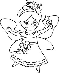 Wall Mural - Vector black and white berry fairy icon. Cute little girl with wings. Woodland princess line clipart. Fantasy forest fay illustration, coloring page. Magic fairytale creature in strawberry dress