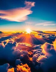Poster - Golden rays spread over the horizon as the sun sets, illuminating billowing clouds in vibrant oranges and blues, creating a captivating natural masterpiece Generative AI