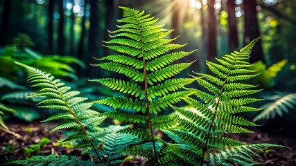 Poster - Lush Green Ferns Thrive in the Sunlight Filtering Through the Forest Canopy