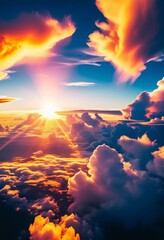 Poster - The sun emerges, casting golden rays across fluffy clouds, transforming the sky into a canvas of warm oranges and soft blues. A tranquil moment evoking serenity and wonder Generative AI