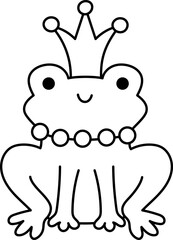 Wall Mural - Vector black and white frog prince or princess icon. Magic creature line clipart. Cute fairytale character. Woodland fantasy animal with crown on head. Forest fairy tale illustration, coloring page