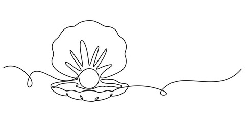 Poster - Continuous one line drawing of open oyster shell with pearl, Continuous one line drawing of sea shell. Seashell symbol. Spa beauty and wellness salon banner in simple linear style. Vector illustration
