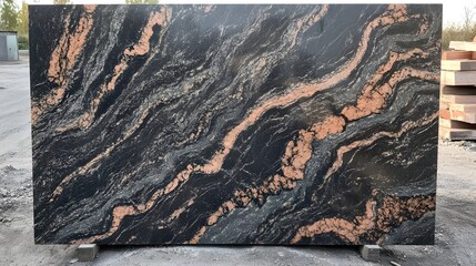 Poster - Striking black and coral granite slab with flowing patterns.