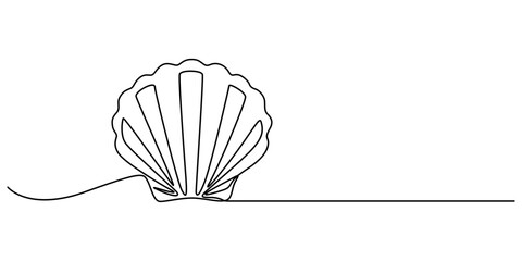 Poster - Continuous one line drawing of open oyster shell with pearl, Continuous one line drawing of sea shell. Seashell symbol. Spa beauty and wellness salon banner in simple linear style. Vector illustration