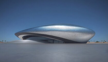 Aufkleber - メタリックな未来的な建物 青い空の下 屋外のモダンデザインの構造物