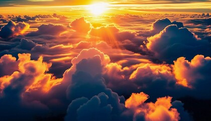 Poster - Soft clouds blanket the horizon as the sun rises, casting a warm golden glow over the landscape. The breathtaking view inspires awe and tranquility, marking the start of a new day Generative AI