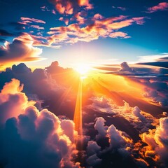 Poster - Golden rays of sunlight break through a tapestry of vibrant clouds during sunrise, creating a magical atmosphere that ignites the sky with warmth and beauty Generative AI