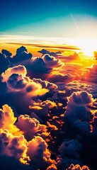Poster - Golden rays of sunlight break through fluffy clouds as the day transitions to night, creating a captivating tapestry of colors in the sky, evoking peace and wonder Generative AI