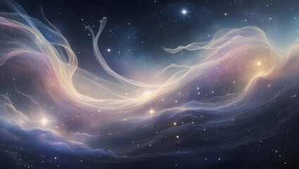 Wall Mural - A serene and awe-inspiring cosmos unfurls, where wispy tendrils of iridescent light undulate and swirl, as if the very fabric of space is being woven. Stars and celestial bodies coalesce, suspended in