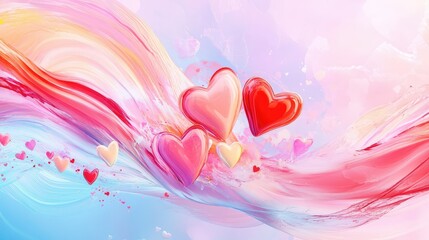 Poster - Abstract pastel waves interwoven with delicate heart shapes, soft dreamy atmosphere perfect for romantic, ethereal, and gentle themes