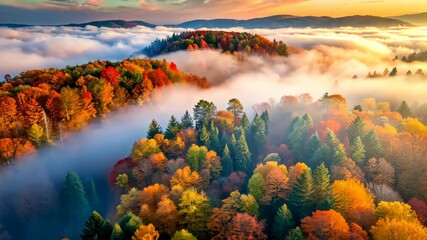 Aufkleber - Autumn Majesty A Breathtaking Aerial View of Colorful Foliage and Misty Mountains