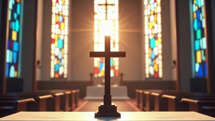 Aufkleber - Christian cross on altar illuminated by divine light through stained glass windows. Easter, Good Friday, or Sunday mass concept. Church interior for religious service