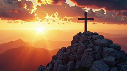 Poster - Christian cross on mountain peak at sunset