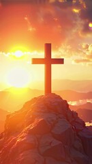 Aufkleber - Christian cross on mountain peak at sunset